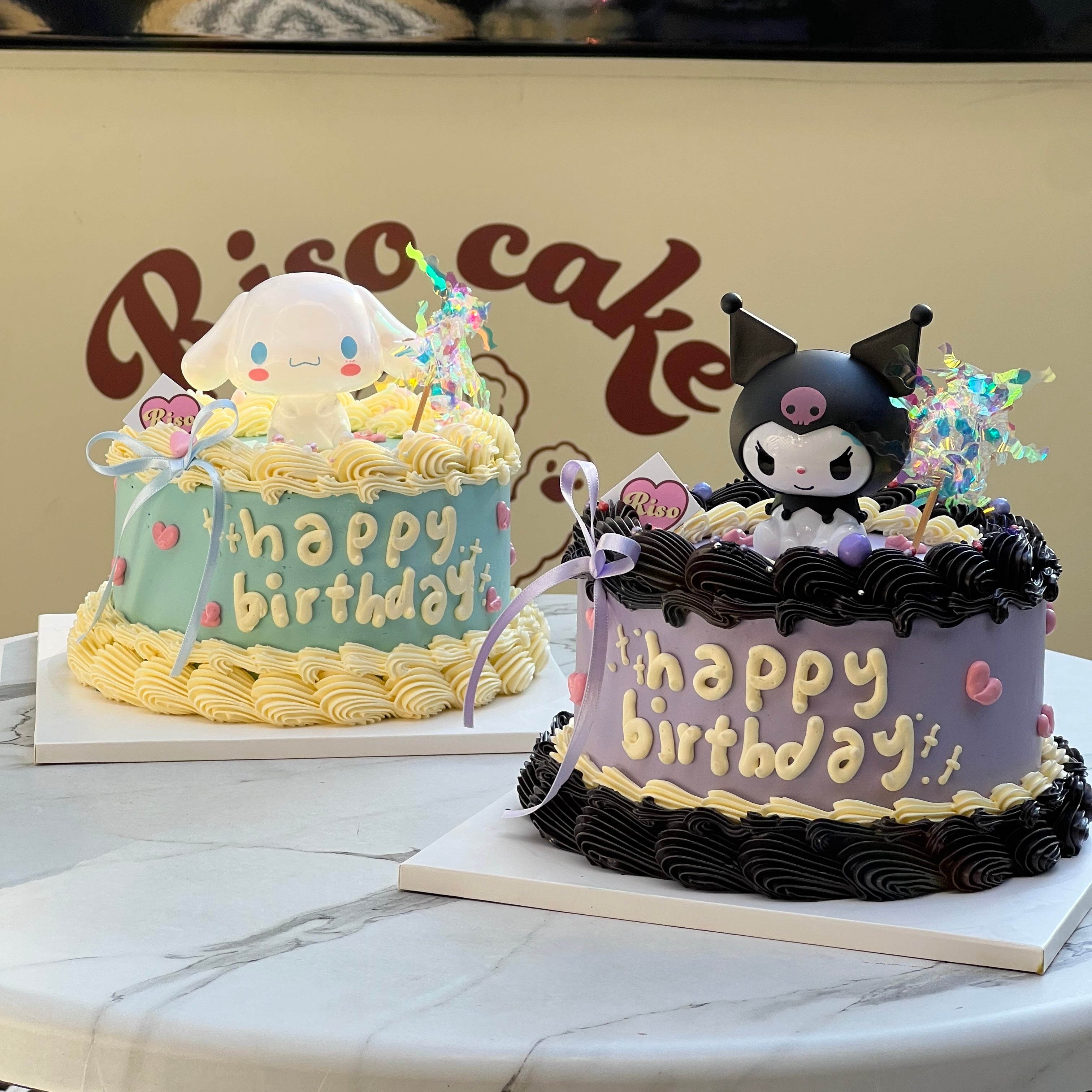 Purple birthday cake topped with a 3D Kuromi figure
