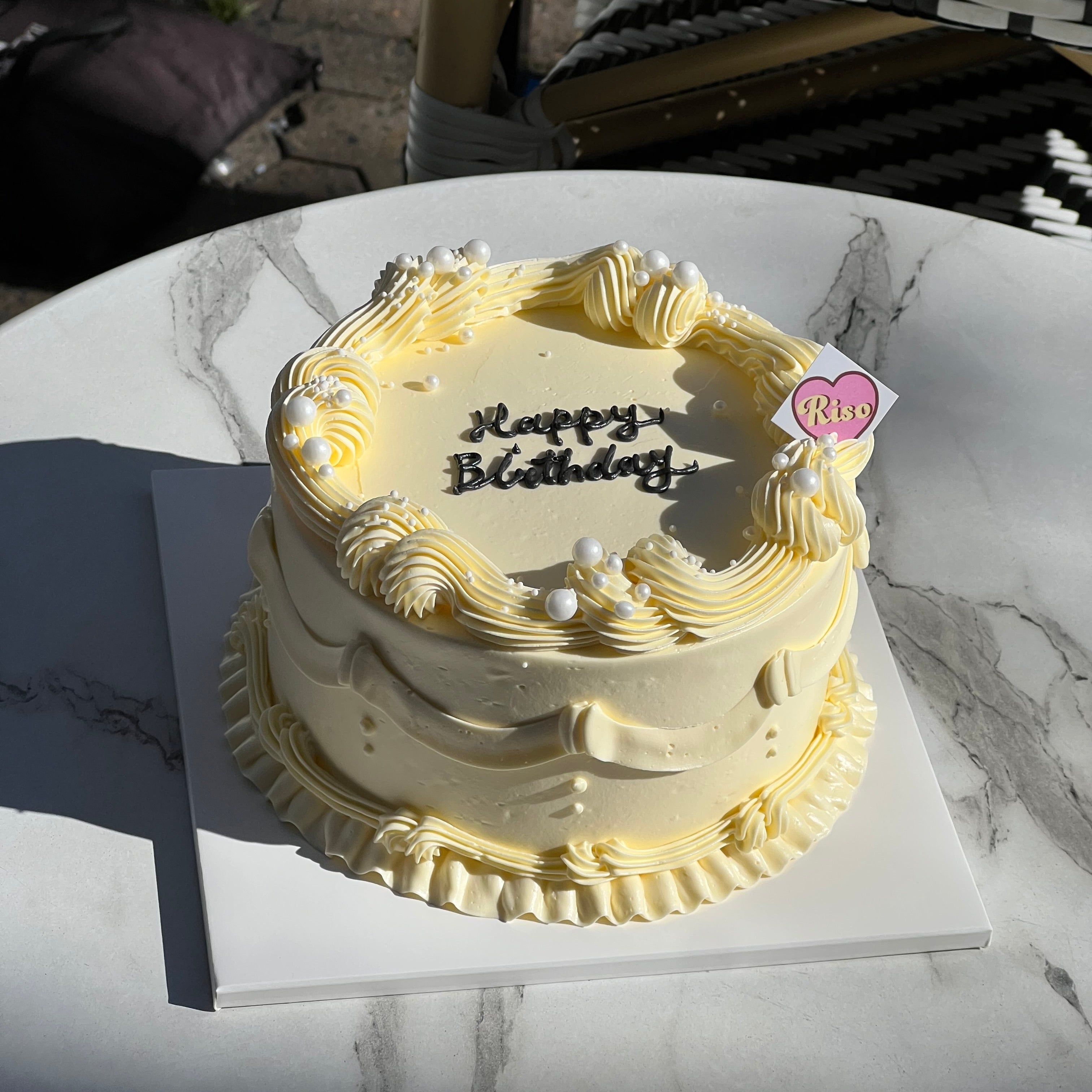 Custom vintage birthday cake with cream piping and pearls – handmade by Riso Cake in Sydney