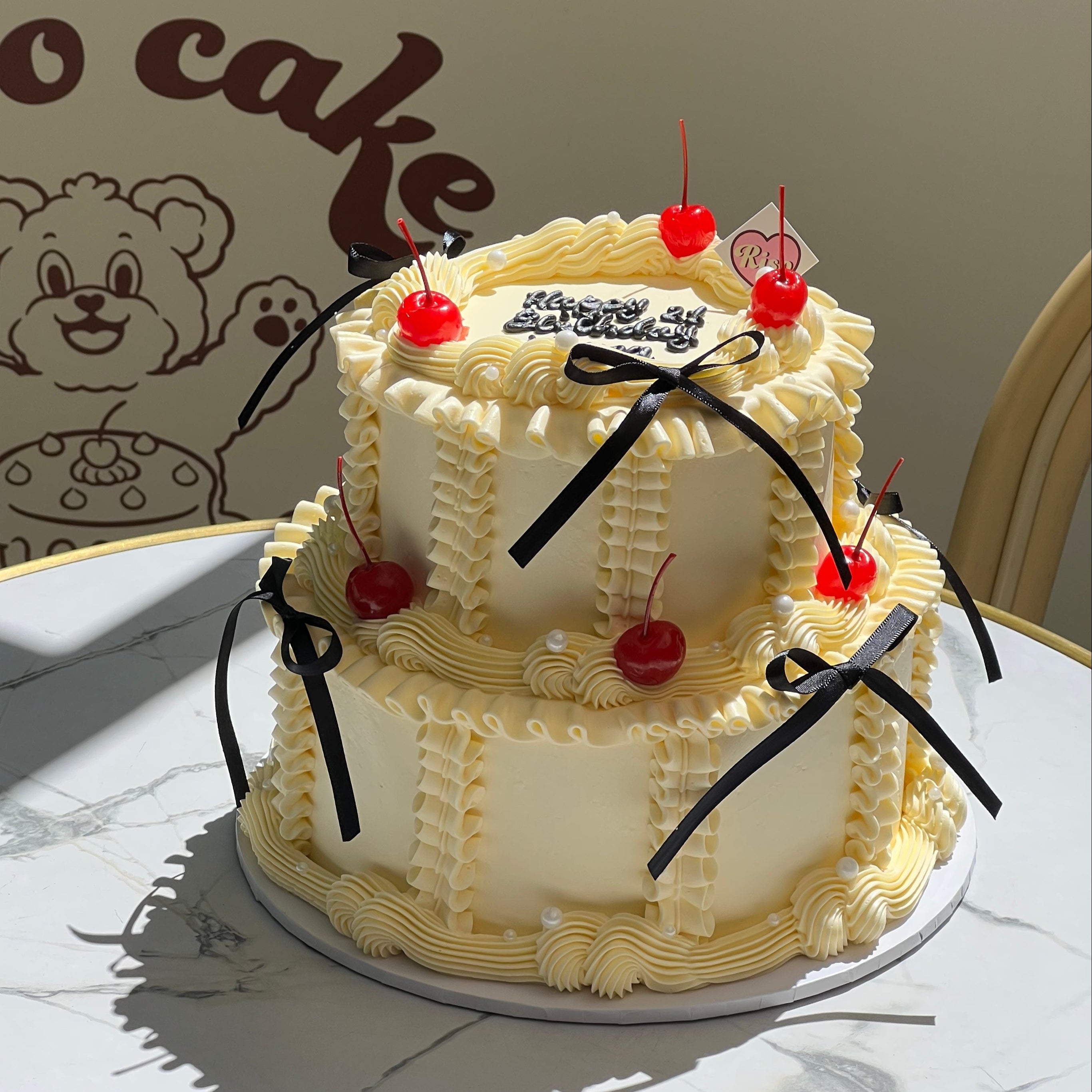 Cherry Ribbon 2 tier Cake