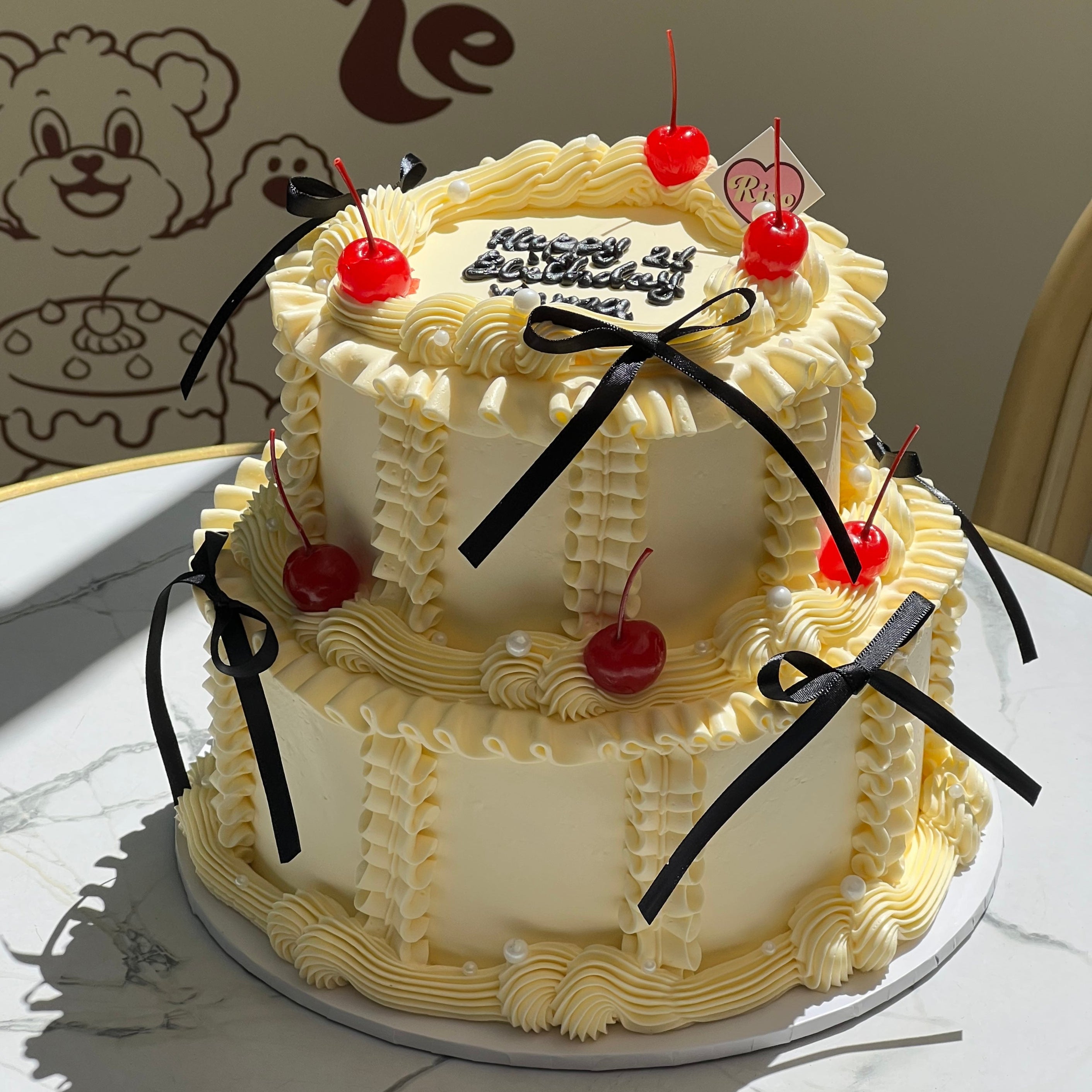 Cherry Ribbon 2 tier Cake